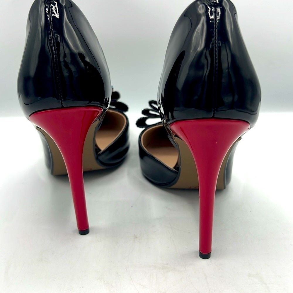 Betsey Johnson Black Patent with Red Heel and Rhinestone Bow - Picture 7 of 9